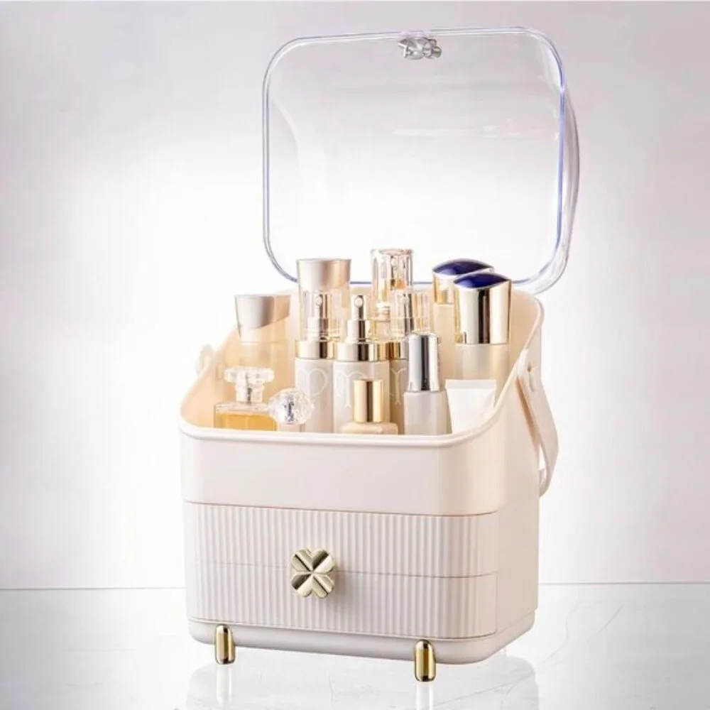 Preppy Skincare Organizer, 3-Tier Ivory White Makeup Box with Drawers & Handle